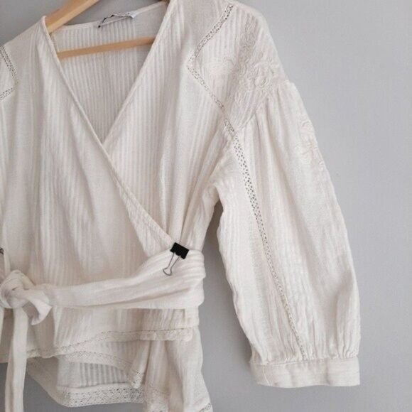 ZARA Cotton Linen Blend Boho Floral Embroidery Wrap Top Sz S - Picture 5 of 13